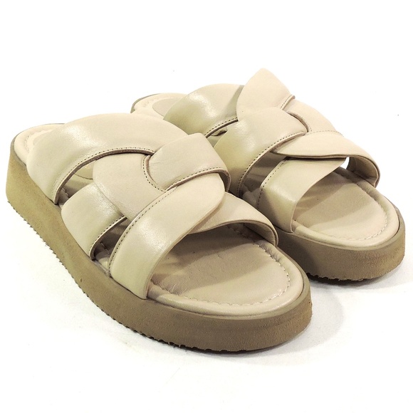 PAOLA FABIANI 🇮🇹 WOMEN'S BEIGE LEATHER COMFORT FLAT PLATFORM MULES - Picture 2 of 7